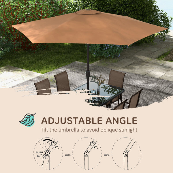 8 Pieces Patio Table and Chairs Set with 9 Ft Patio Umbrella, Outdoor Dining Set with 4.5 Ft Dining Table and 6 Chairs, Push Button Tilt and Crank Parasol, Tempered Glass Top, Mixed Brown