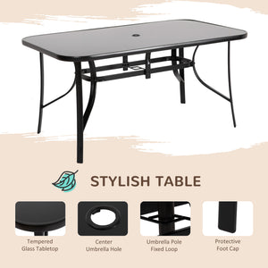 8 Pieces Patio Table and Chairs Set with 9 Ft Patio Umbrella, Outdoor Dining Set with 4.5 Ft Dining Table and 6 Chairs, Push Button Tilt and Crank Parasol, Tempered Glass Top, Mixed Brown