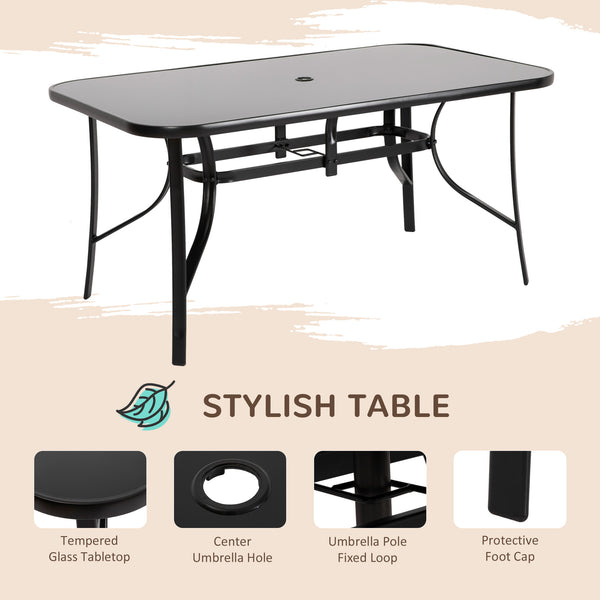 8 Pieces Patio Table and Chairs Set with 9 Ft Patio Umbrella, Outdoor Dining Set with 4.5 Ft Dining Table and 6 Chairs, Push Button Tilt and Crank Parasol, Tempered Glass Top, Mixed Brown
