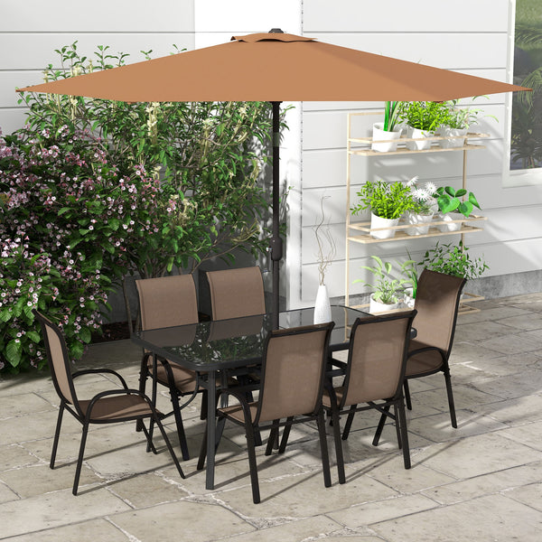 8 Pieces Patio Table and Chairs Set with 9 Ft Patio Umbrella, Outdoor Dining Set with 4.5 Ft Dining Table and 6 Chairs, Push Button Tilt and Crank Parasol, Tempered Glass Top, Mixed Brown
