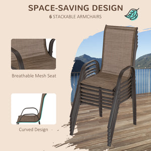 8 Pieces Patio Table and Chairs Set with 9 Ft Patio Umbrella, Outdoor Dining Set with 4.5 Ft Dining Table and 6 Chairs, Push Button Tilt and Crank Parasol, Tempered Glass Top, Mixed Brown