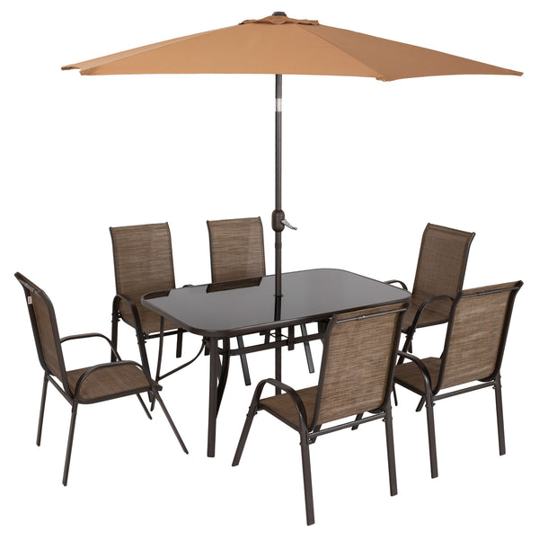 8 Pieces Patio Table and Chairs Set with 9 Ft Patio Umbrella, Outdoor Dining Set with 4.5 Ft Dining Table and 6 Chairs, Push Button Tilt and Crank Parasol, Tempered Glass Top, Mixed Brown