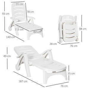 Outdoor Folding Plastic Chaise Lounge Chair on Wheels, 2 Piece Set Patio Sun Lounger Recliner & 5-Position Backrest for Garden, Beach, Pool, White