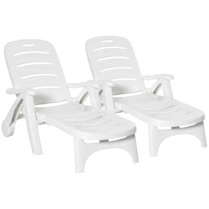 Outdoor Folding Plastic Chaise Lounge Chair on Wheels, 2 Piece Set Patio Sun Lounger Recliner & 5-Position Backrest for Garden, Beach, Pool, White