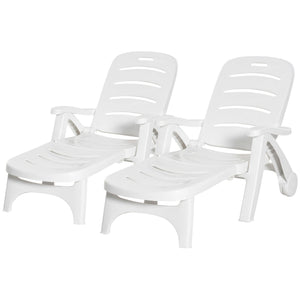 Outdoor Folding Plastic Chaise Lounge Chair on Wheels, 2 Piece Set Patio Sun Lounger Recliner & 5-Position Backrest for Garden, Beach, Pool, White