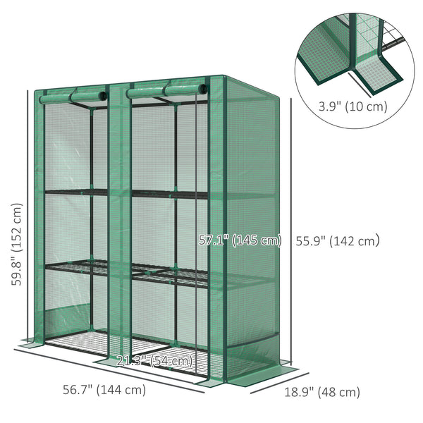 Lean-to Mini Greenhouse with 3 Tier Shelves, Portable Garden Hot House with 2 Roll-Up Doors for Indoor Outdoor, 56.7"x18.9"x59.8", Green