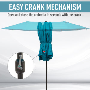 15ft Double-sided Patio Umbrella with Twin Canopy, Extra Large Outdoor Parasol with Crank for Pool, Deck, Market, Sky Blue