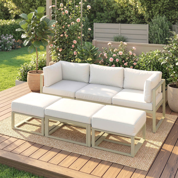 Garden Daybed, 6 Piece Outdoor Sectional Sofa Set, Aluminium Patio Conversation Furniture Set with Coffee Table, Footstool and Cushions, Cream White