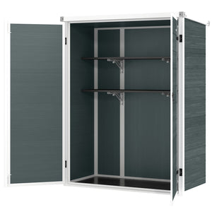 4.4' x 2.3' Plastic Garden Shed, Wood-Effect Outdoor Storage Shed with Floor, 2 Foldable Shelves and Lockable Double Doors for Backyard, Patio, Distressed Grey