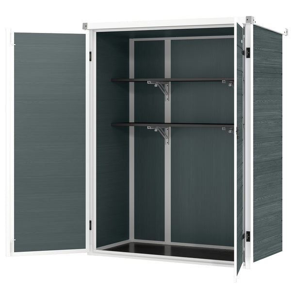 4.4' x 2.3' Plastic Garden Shed, Wood-Effect Outdoor Storage Shed with Floor, 2 Foldable Shelves and Lockable Double Doors for Backyard, Patio, Distressed Grey