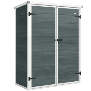 4.4' x 2.3' Plastic Garden Shed, Wood-Effect Outdoor Storage Shed with Floor, 2 Foldable Shelves and Lockable Double Doors for Backyard, Patio, Distressed Grey