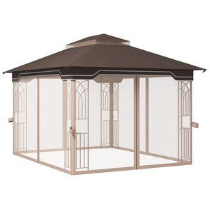 12' x 10' Patio Gazebo Outdoor Canopy Shelter with Double Tier Roof and Netting Sidewalls for Garden, Lawn, Backyard and Deck, Brown