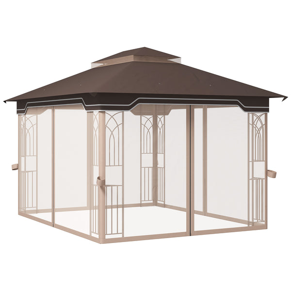 12' x 10' Patio Gazebo Outdoor Canopy Shelter with Double Tier Roof and Netting Sidewalls for Garden, Lawn, Backyard and Deck, Brown