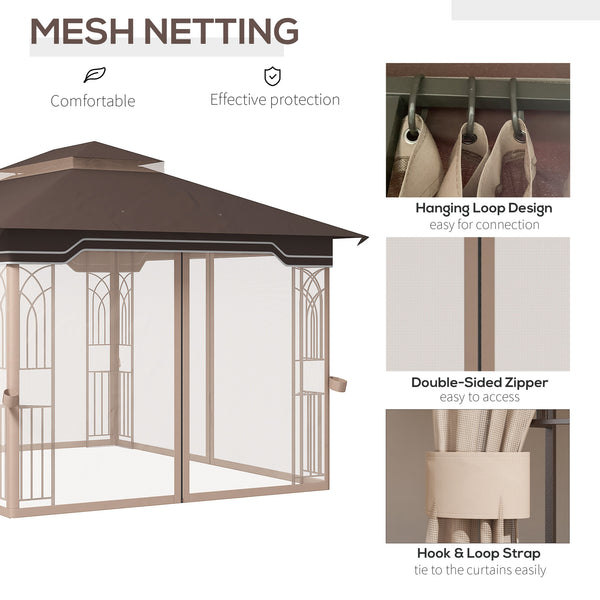 12' x 10' Patio Gazebo Outdoor Canopy Shelter with Double Tier Roof and Netting Sidewalls for Garden, Lawn, Backyard and Deck, Brown