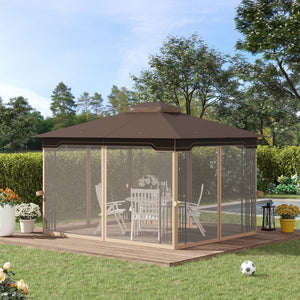 12' x 10' Patio Gazebo Outdoor Canopy Shelter with Double Tier Roof and Netting Sidewalls for Garden, Lawn, Backyard and Deck, Brown