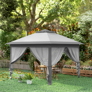 11' x 11' Pop Up Canopy, Double Roof Foldable Canopy Tent with Zipper Mesh Sidewalls, Height Adjustable and Carrying Bag, Event Tent for Patio Garden Backyard, Light Grey