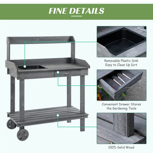36" Wooden Potting Bench Work Table with 2 Removable Wheels, Sink, Drawer & Large Storage Spaces, Gray