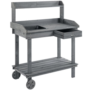 36" Wooden Potting Bench Work Table with 2 Removable Wheels, Sink, Drawer & Large Storage Spaces, Gray