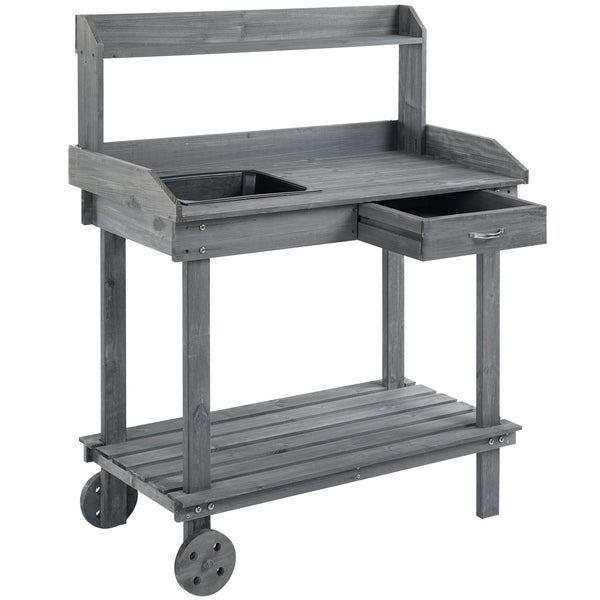 36" Wooden Potting Bench Work Table with 2 Removable Wheels, Sink, Drawer & Large Storage Spaces, Gray