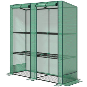 Lean-to Greenhouse with 3 Tier Shelves, 56.7" x 18.9" x 59.8" Portable Small Greenhouse with PE Cover, 2 Roll-Up Zippered Doors, for Indoor Outdoor Garden Backyard Balcony, Green