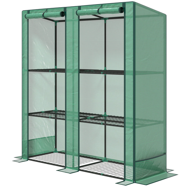 Lean-to Greenhouse with 3 Tier Shelves, 56.7" x 18.9" x 59.8" Portable Small Greenhouse with PE Cover, 2 Roll-Up Zippered Doors, for Indoor Outdoor Garden Backyard Balcony, Green