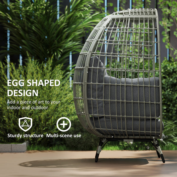 Oversized Garden Egg Chair, Outdoor Wicker PE Rattan Chair with Thickened Padded Cushions and Pillows for Balcony, Porch, Charcoal Grey