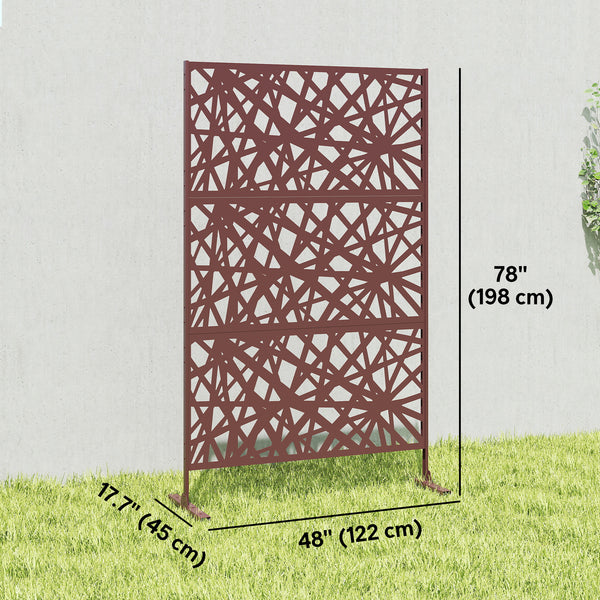 Metal Outdoor Privacy Screen, 78" x 48" Freestanding Outdoor Divider with Stand, Decorative Privacy Panel with Labyrinth Cut-out Design for Garden Patio, Dark Brown