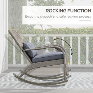 Outdoor Wicker Adirondack Rocking Chair, Patio Rattan Rocker Chair with High Back, Seat Cushion and Pillow for Garden, Porch, Balcony, Grey