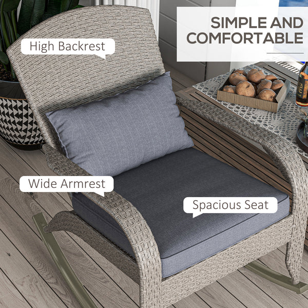 Outdoor Wicker Adirondack Rocking Chair, Patio Rattan Rocker Chair with High Back, Seat Cushion and Pillow for Garden, Porch, Balcony, Grey