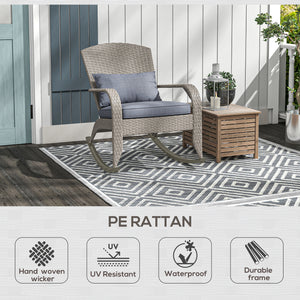 Outdoor Wicker Adirondack Rocking Chair, Patio Rattan Rocker Chair with High Back, Seat Cushion and Pillow for Garden, Porch, Balcony, Grey