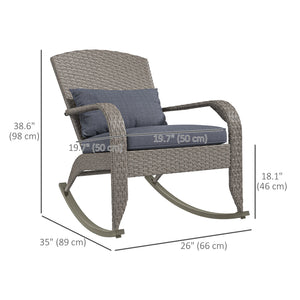 Outdoor Wicker Adirondack Rocking Chair, Patio Rattan Rocker Chair with High Back, Seat Cushion and Pillow for Garden, Porch, Balcony, Grey