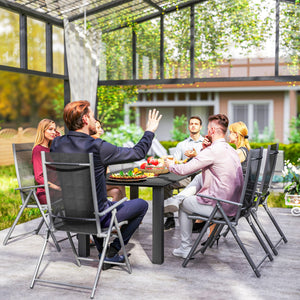 Garden Table with Parasol Hole for 6 Person, Rectangle Outdoor Dining Table with Slatted Metal Tabletop, Steel Frame for Patio, Balcony, 150 x 90 x 73 cm, Black