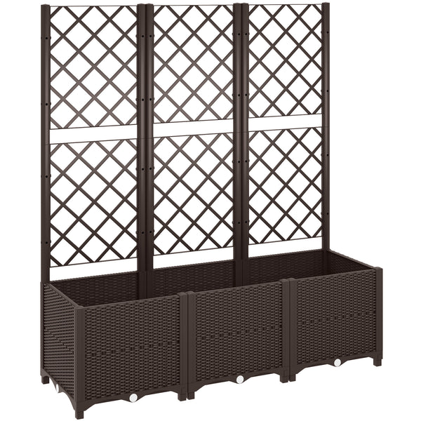 Raised Garden Bed with Trellis, Plastic Planter Box with Drainage Holes and Drain Plugs for Climbing Plants, Vegetables, Flowers, Brown