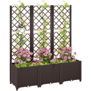 Raised Garden Bed with Trellis, Plastic Planter Box with Drainage Holes and Drain Plugs for Climbing Plants, Vegetables, Flowers, Brown