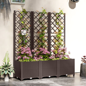 Raised Garden Bed with Trellis, Plastic Planter Box with Drainage Holes and Drain Plugs for Climbing Plants, Vegetables, Flowers, Brown