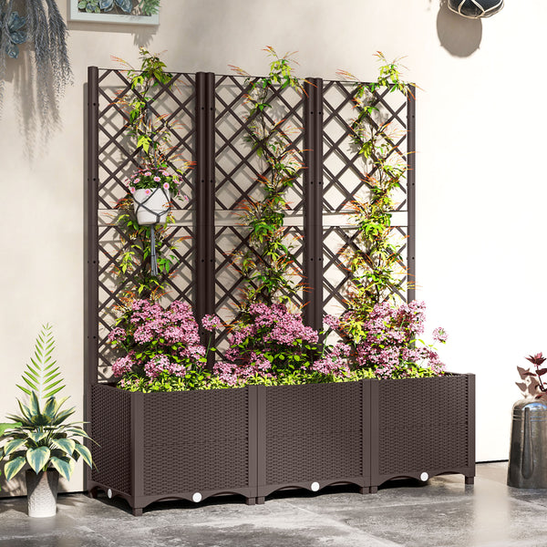 Raised Garden Bed with Trellis, Plastic Planter Box with Drainage Holes and Drain Plugs for Climbing Plants, Vegetables, Flowers, Brown