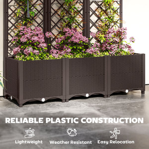 Raised Garden Bed with Trellis, Plastic Planter Box with Drainage Holes and Drain Plugs for Climbing Plants, Vegetables, Flowers, Brown