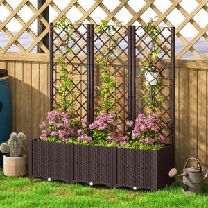 Raised Garden Bed with Trellis, Plastic Planter Box with Drainage Holes and Drain Plugs for Climbing Plants, Vegetables, Flowers, Brown