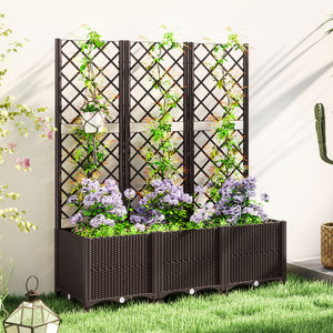 Raised Garden Bed with Trellis, Plastic Planter Box with Drainage Holes and Drain Plugs for Climbing Plants, Vegetables, Flowers, Brown