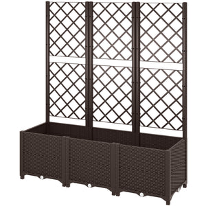 Raised Garden Bed with Trellis, Plastic Planter Box with Drainage Holes and Drain Plugs for Climbing Plants, Vegetables, Flowers, Brown
