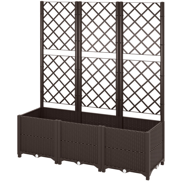 Raised Garden Bed with Trellis, Plastic Planter Box with Drainage Holes and Drain Plugs for Climbing Plants, Vegetables, Flowers, Brown