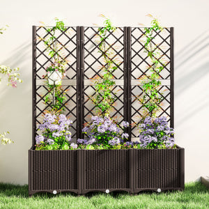 Raised Garden Bed with Trellis, Plastic Planter Box with Drainage Holes and Drain Plugs for Climbing Plants, Vegetables, Flowers, Brown