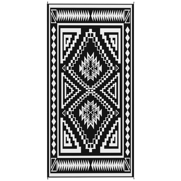 Outsunny Reversible Outdoor Rug, 9' x 18' Waterproof Plastic Straw Floor Mat, Portable RV Camping Carpet, Large Floor Mat for Backyard, Deck, Picnic, Beach, Black & White Square Patchwork
