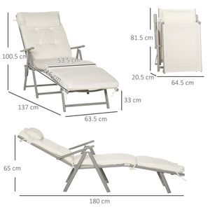 Sun Lounger Steel Frame Outdoor Folding Chaise Texteline Lounge Chair Recliner with Headrest & 7 Levels Adjustable Backrest, Cream White