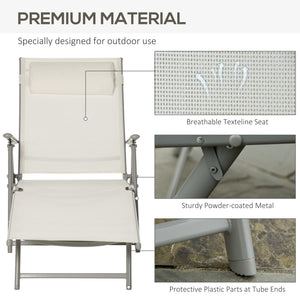 Sun Lounger Steel Frame Outdoor Folding Chaise Texteline Lounge Chair Recliner with Headrest & 7 Levels Adjustable Backrest, Cream White