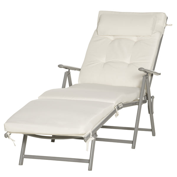 Sun Lounger Steel Frame Outdoor Folding Chaise Texteline Lounge Chair Recliner with Headrest & 7 Levels Adjustable Backrest, Cream White
