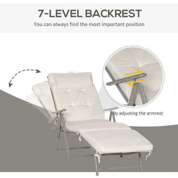 Sun Lounger Steel Frame Outdoor Folding Chaise Texteline Lounge Chair Recliner with Headrest & 7 Levels Adjustable Backrest, Cream White
