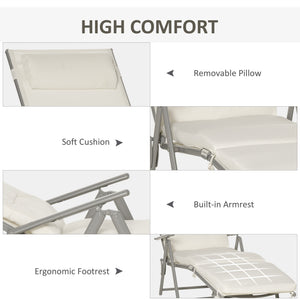 Sun Lounger Steel Frame Outdoor Folding Chaise Texteline Lounge Chair Recliner with Headrest & 7 Levels Adjustable Backrest, Cream White