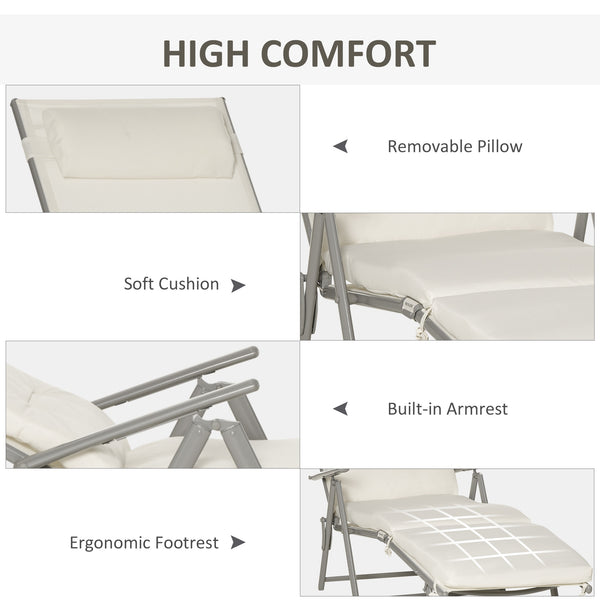 Sun Lounger Steel Frame Outdoor Folding Chaise Texteline Lounge Chair Recliner with Headrest & 7 Levels Adjustable Backrest, Cream White