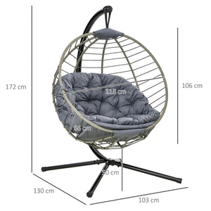 PE Rattan Swing Chair, Outdoor Hanging Chair with Metal Stand, Thick Padded Cushion, Foldable Basket and Cup Holder, for Indoor and Outdoor, Grey